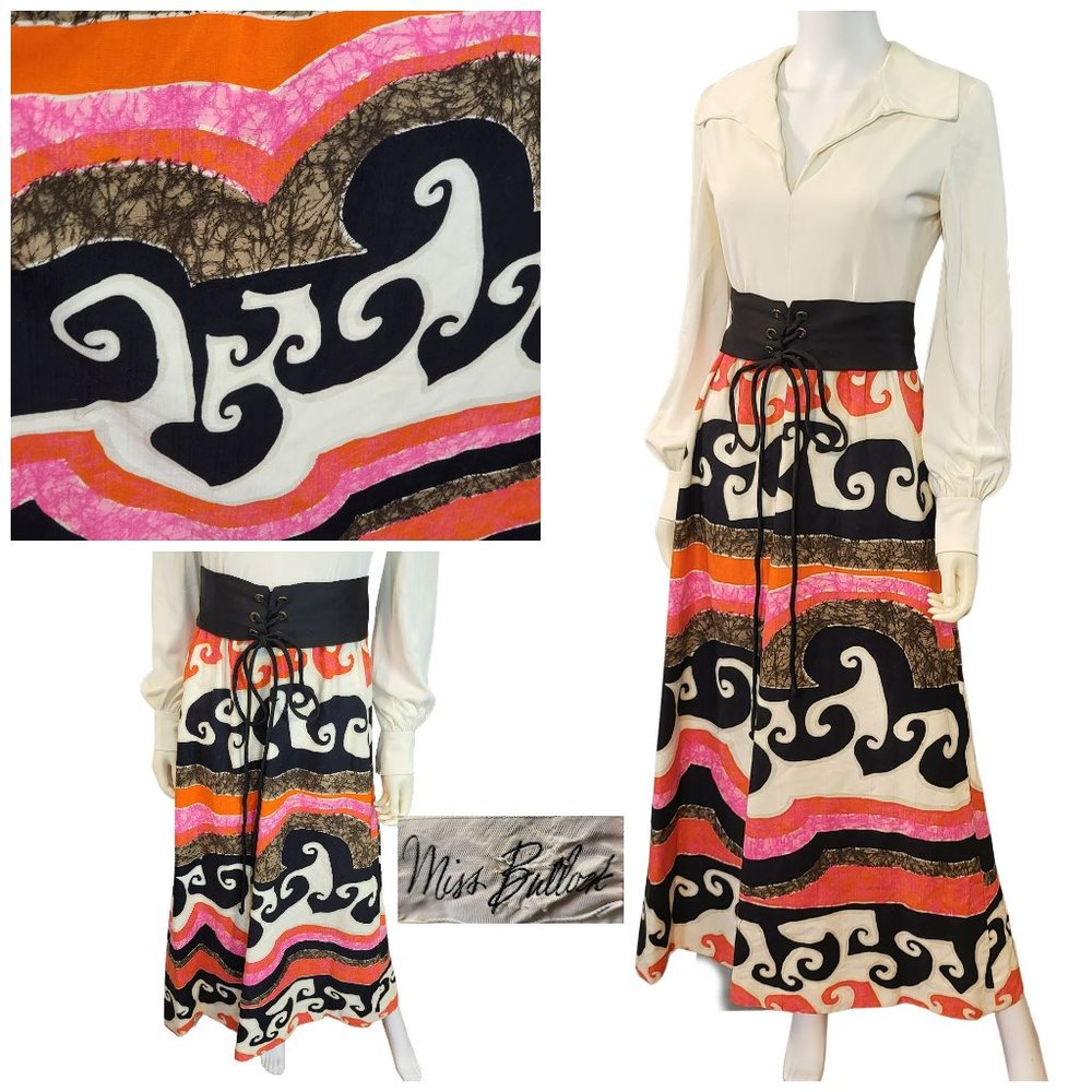 60s Miss Bullock Cotton Barkcloth Wave Maxi Dress